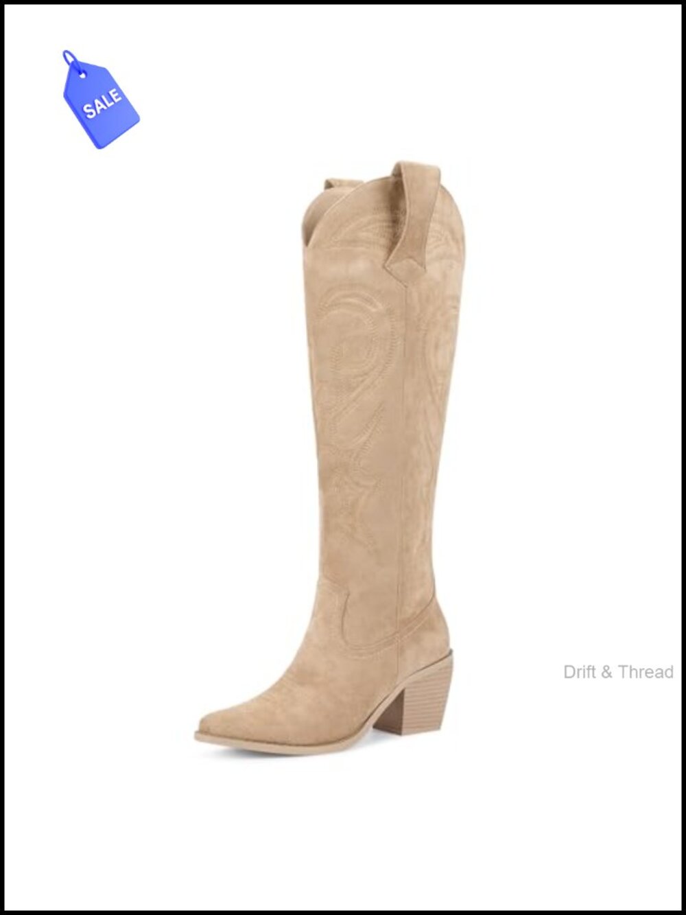 Knee High Western Cowboy Boots Faux Suede Mid Heel